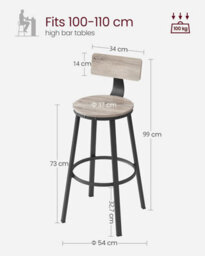 Songmics Set Of 2 Kitchen Counter Chairs With High Backrest, Tall Bar Seats, Steel Frame, Industrial, Greige And Black - thumbnail 2