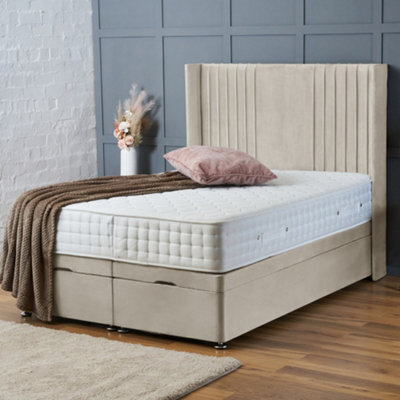 Bsspoke Cream Plush Ottoman Divan Bed With Orthopaedic Mattress 54Inch Headboard End Liftup Storage Solid Divan Base In All Sizes - image 1