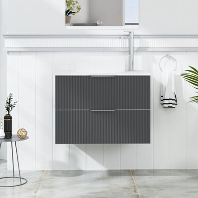 Royal Bathrooms Evora 700mm Graphite Grey Fluted Wall Hung Countertop Vanity Unit 2 Drawer With Round Basin - image 1