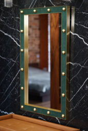 Top Ceramics Designer Wall Mirror (L)120 X (W)70 Cm Gold Aluminium Frame With Bottle Green Leather - thumbnail 2