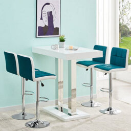 Furniture in Fashion Caprice White High Gloss Bar Table 4 Copez Teal White Stools