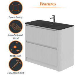 Plum&clay Isla Ribbed Fluted White 2 Drawer Freestanding Bathroom Vanity Unit & Black Basin Set (W)1000mm - thumbnail 6