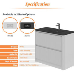 Plum&clay Isla Ribbed Fluted White 2 Drawer Freestanding Bathroom Vanity Unit & Black Basin Set (W)1000mm - thumbnail 5