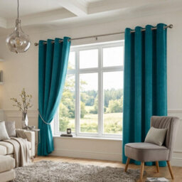 Luxury Living Velvet Thermal Blackout Eyelet Curtains Ready Made Pair Teal - thumbnail 8
