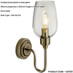 Loops Antique Brass Dimmable Wall Light - Clear Glass Shade - 6W Led E14 Candle - thumbnail 2