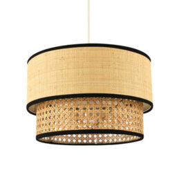 Happy Homewares Modern Double Tier Real Natural Rattan Pendant Shade With Black Trims - thumbnail 2