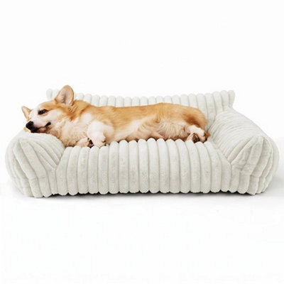 White-90Cm Luxury Plush Dog Bed Soft Ribbed Cat Pet Sofa Washable Calming 90Cm Pet Sofa - image 1