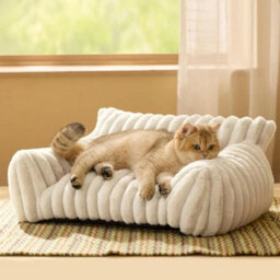 White-90Cm Luxury Plush Dog Bed Soft Ribbed Cat Pet Sofa Washable Calming 90Cm Pet Sofa - thumbnail 4
