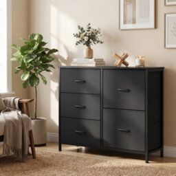 Ledrem Chest Of Drawers, Storage Unit With 5 Fabric Drawers And Wooden Top, 98.7 X 30 X 74.7 Cm, Black - thumbnail 1