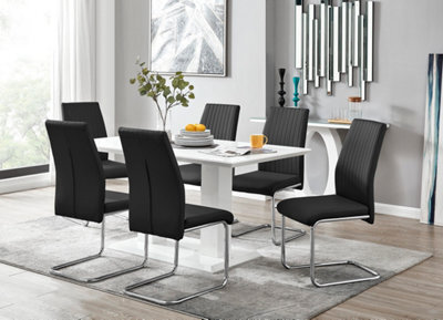 Furniturebox Imperia White High Gloss 6 Seater Dining Table With Structural 2 Plinth Column Legs 6 Black Faux Leather Lorenzo Cantilever Chairs - image 1