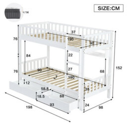 Btm Bunk Bed, Kids Children, 3Ft Solid Pine Wood Single Bed Frame & Under Bed Slide Drawer Storage, With Shelf, White (90X190Cm) - thumbnail 6
