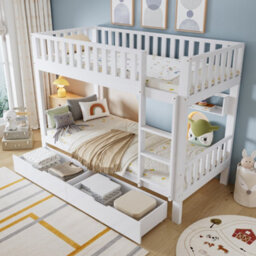 Btm Bunk Bed, Kids Children, 3Ft Solid Pine Wood Single Bed Frame & Under Bed Slide Drawer Storage, With Shelf, White (90X190Cm) - thumbnail 3