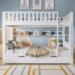 Btm Bunk Bed, Kids Children, 3Ft Solid Pine Wood Single Bed Frame & Under Bed Slide Drawer Storage, With Shelf, White (90X190Cm) - thumbnail 2