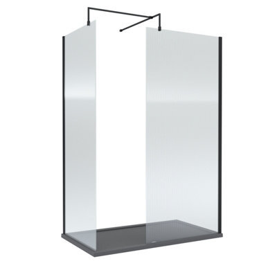 Balterley 8mm Fluted Glass Walk In Wetroom Screen With Matt Black Profile And Slate Grey Shower Tray - 1400 X 800mm - image 1