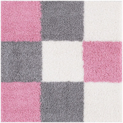 The Rugs Pink Grey And Ivory Soft Checkerboard Design Fluffy Shaggy Rugs And Runners High Pile Living Room Kitchen Hallway 381 - image 1