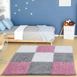 The Rugs Pink Grey And Ivory Soft Checkerboard Design Fluffy Shaggy Rugs And Runners High Pile Living Room Kitchen Hallway 381 - thumbnail 2