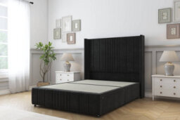 "Sloomy Hargrave Black Plush Divan Bed Base No Drawers-54"" Wingback Headboard & 12"" Footboard 2'6 Small Single"
