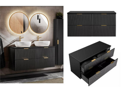 Impact Furniture Bathroom Double Vanity Unit 1200mm Countertop Wall Hung Drawer Cabinet Ribbed Black Modern Fluted Adel - image 1