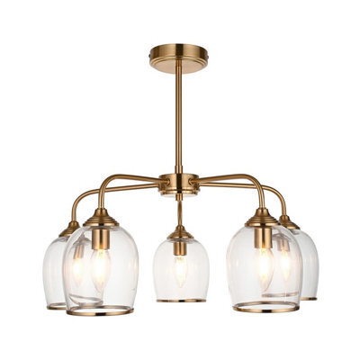 Luminosa Lighting Luminosa Ashcroft Multi Arm Pendant Ceiling Light Brushed Aged Brass Plate & Clear Glass 5X E14