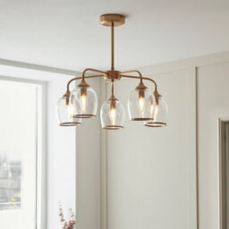 Luminosa Lighting Luminosa Ashcroft Multi Arm Pendant Ceiling Light Brushed Aged Brass Plate & Clear Glass 5X E14 - thumbnail 2