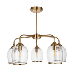 Luminosa Lighting Luminosa Ashcroft Multi Arm Pendant Ceiling Light Brushed Aged Brass Plate & Clear Glass 5X E14 - thumbnail 6