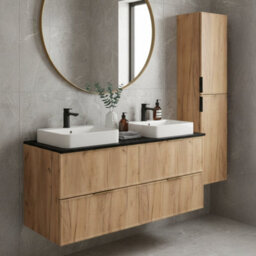 Heze Furniture Slim Modern 2 Cabinets Set Vanity Unit 120Cm With Worktop & Tall Cabinet 136Cm - Gold Craft Oak - thumbnail 1