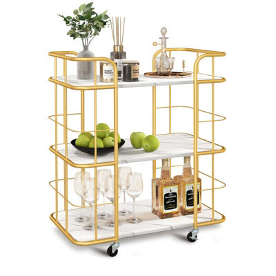 Costway 3 Tier Buffet Serving Cart Rolling Bar Cart W/ White Faux Marble Shelves - image 1