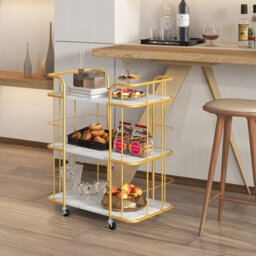 Costway 3 Tier Buffet Serving Cart Rolling Bar Cart W/ White Faux Marble Shelves - thumbnail 4
