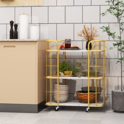 Costway 3 Tier Buffet Serving Cart Rolling Bar Cart W/ White Faux Marble Shelves - thumbnail 5