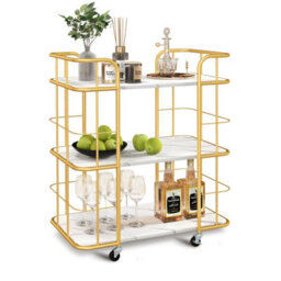 Costway 3 Tier Buffet Serving Cart Rolling Bar Cart W/ White Faux Marble Shelves - thumbnail 1