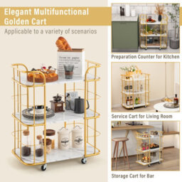 Costway 3 Tier Buffet Serving Cart Rolling Bar Cart W/ White Faux Marble Shelves - thumbnail 6