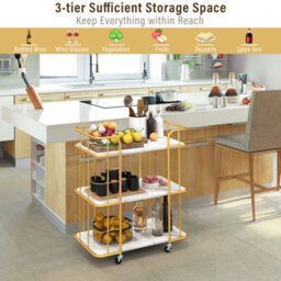 Costway 3 Tier Buffet Serving Cart Rolling Bar Cart W/ White Faux Marble Shelves - thumbnail 7