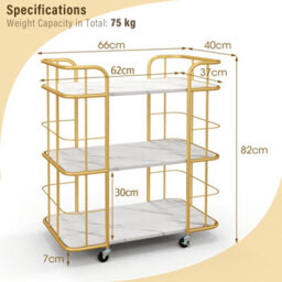 Costway 3 Tier Buffet Serving Cart Rolling Bar Cart W/ White Faux Marble Shelves - thumbnail 2