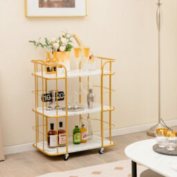 Costway 3 Tier Buffet Serving Cart Rolling Bar Cart W/ White Faux Marble Shelves - thumbnail 3