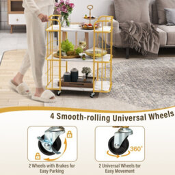Costway 3 Tier Buffet Serving Cart Rolling Bar Cart W/ White Faux Marble Shelves - thumbnail 8