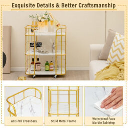 Costway 3 Tier Buffet Serving Cart Rolling Bar Cart W/ White Faux Marble Shelves - thumbnail 9