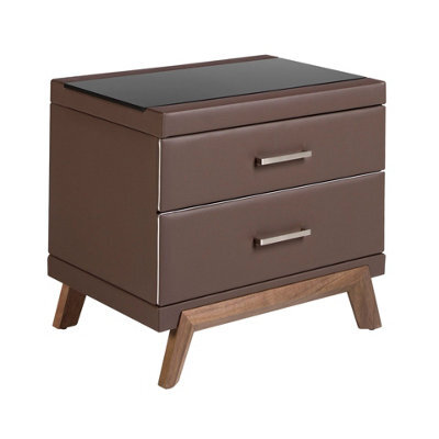 Angel Cerda Elegant Leatherette Bedside Table With Black Glass Top - Modern Walnut Design - image 1
