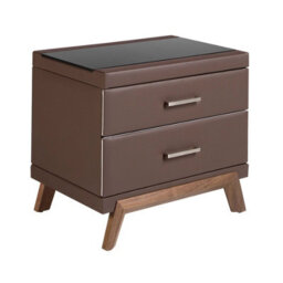 Angel Cerda Elegant Leatherette Bedside Table With Black Glass Top - Modern Walnut Design