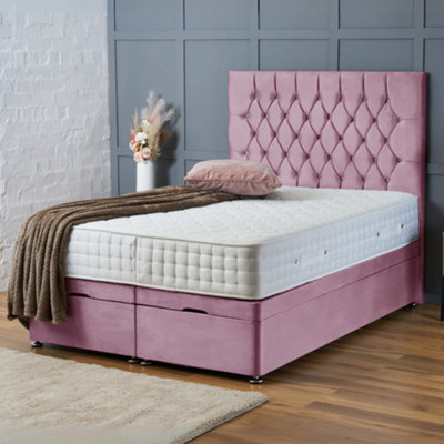 Bsspoke Divan Ottoman Bed Pink Velvet With Free Mattress & 54Inch Chesterfield Headboard End Lift Up Storage 4Ft 5Ft 6Ft - image 1