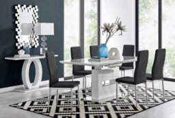 Furniturebox Arezzo White High Gloss Extending Dining Table & 6 Black Milan Faux Leather Dining Chairs