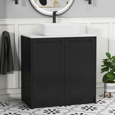 Royal Bathrooms Royal Bathroom Elmore 800mm Matt Nocturne Black Freestanding Bathroom Vanity Unit 2 Door Plain White Worktop With Cube Basin - image 1