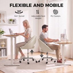 Homcom Velvet Desk Chair With Height-Adjustable, Wheels, Cream - thumbnail 6