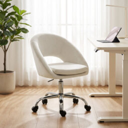 Homcom Velvet Desk Chair With Height-Adjustable, Wheels, Cream - thumbnail 8