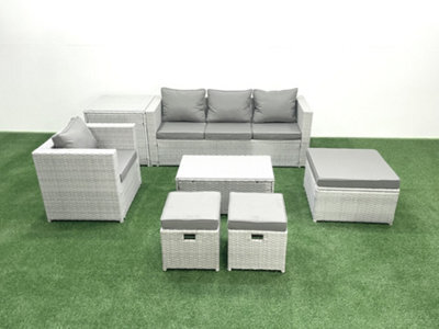 Fimous 7 Pieces Rattan Garden Furniture Set Outdoor Garden Sofa Chair Coffee Table Set Side Table 3 Stools Light Grey - image 1