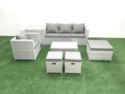Fimous 7 Pieces Rattan Garden Furniture Set Outdoor Garden Sofa Chair Coffee Table Set Side Table 3 Stools Light Grey - thumbnail 2