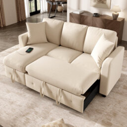 Merax L Shaped Sofa Bed With Pullout Sofa, Chaise, Chenille Corner Sofa With Usb & Type C Ports, 3 Seater Comfy Couch, Beige