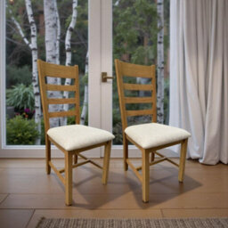 Home Source Copenhagen Pair Of Assembled High Slatted Back Dining Chairs Beige Wool Seat Solid Oak Legs