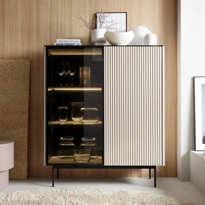 Arte Orta Highboard Cabinet 107Cm - Cashmere & Black Modern Glass Display Cabinet With Led Accent Lighting - image 1