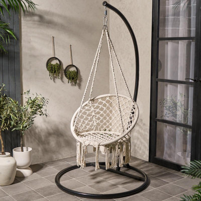 Ohs Macrame Hanging Chair Outdoor Swing Garden Furniture Hammock Rope Soft Tassels - image 1