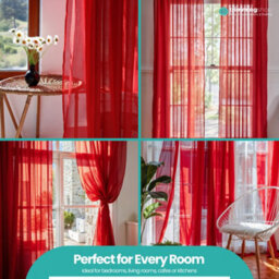 "Neel Blue Voile Curtains Slot Top, 2 Curtains, Red - 56"" Width X 72"" Drop" - thumbnail 8